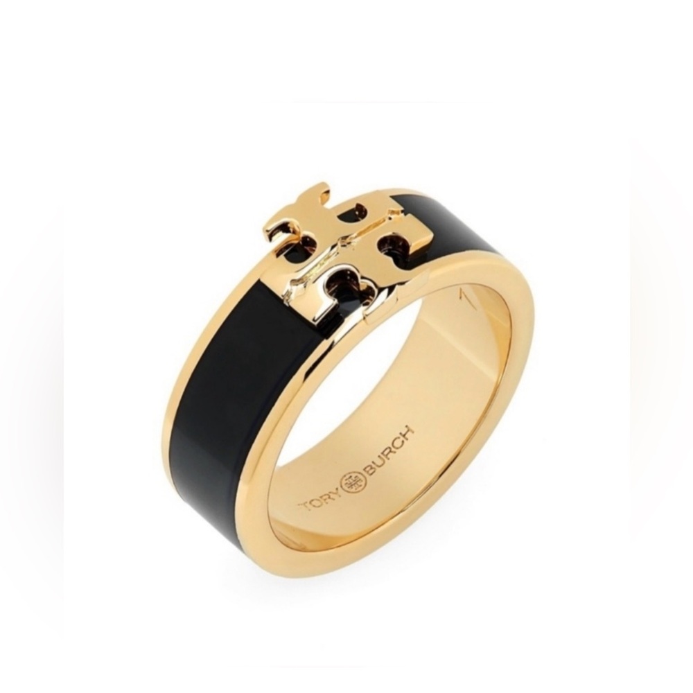 Tory Burch‎ Black & Gold Kira Enamel Ring Size 7